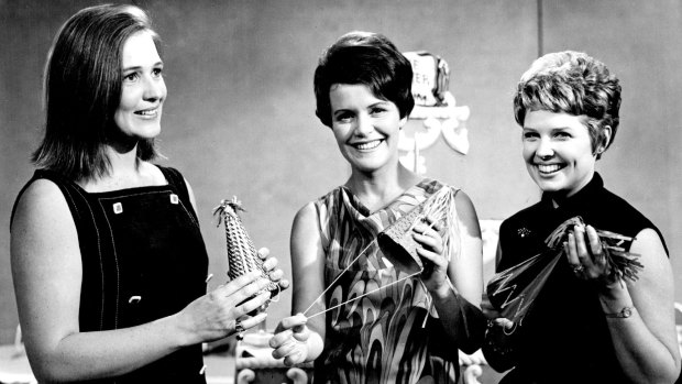 <i>Romper Room</i> teachers, from right, Miss Patricia (Patricia Bird), Miss Mary (Mary Shawe) and Miss Susan (Susan Talbot), celebrate the show's fifth birthday in 1968.