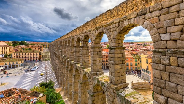 The ancient Roman aqueduct in Segovia, Spain.