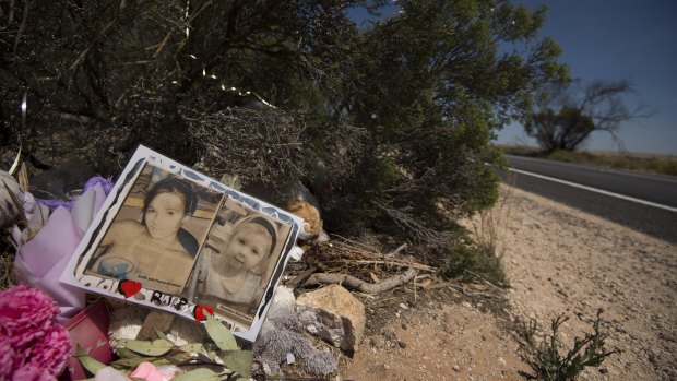 A memorial to Karlie Pearce-Stevenson and her daughter Khandalyce Pearce at the roadside, near Wynarka, South Australia.