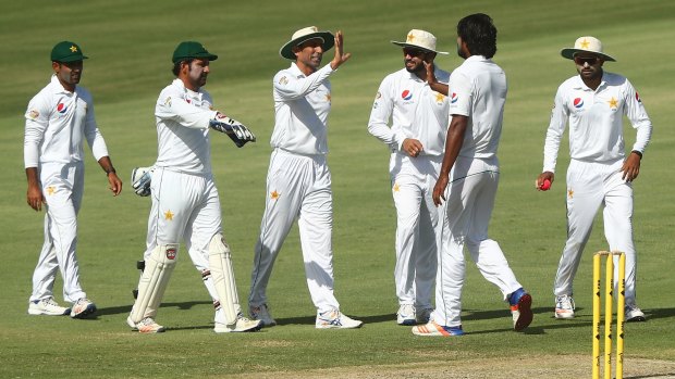 Comfortable:  Rahat Ali celebrates a wicket in Pakistan's victory over the Cricket Australia XI.