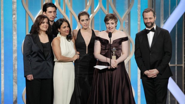 Lena Dunham, in Zac Posen, accepts the Best  Comedy or Musical award for Girls on stage during the 70th Annual Golden Globe Awards at the Beverly Hilton Hotel International Ballroom on January 13, 2013 in Beverly Hills, California.