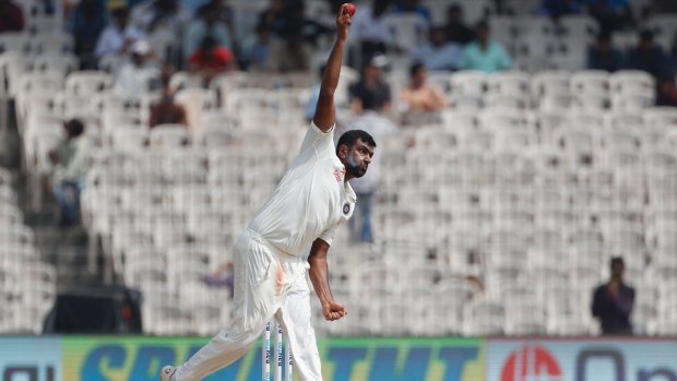 India's Ravichandran Ashwin bowls during their fifth day of the fifth cricket test match against England in Chennai, India, Tuesday, Dec. 20, 2016. (AP Photo/Tsering Topgyal)