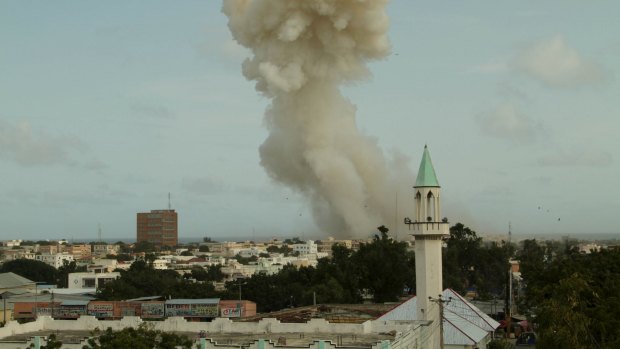 Smoke billows from the Jazeera hotel during an attack in Somalia's capital Mogadishu on Sunday.