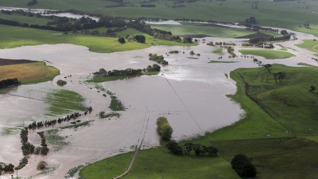 Flooded paddocks along the Drysdale Creek, north of Warrnambool, earlier this month.