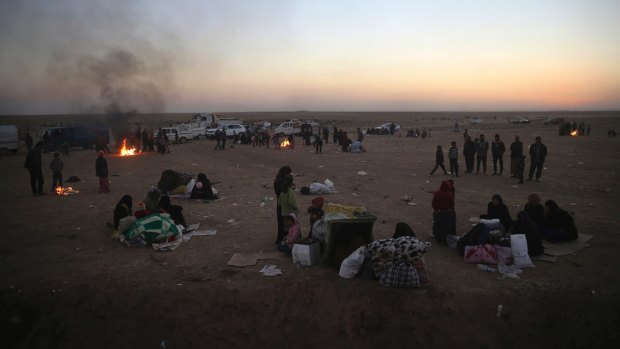 Iraqi families who fled the fighting  in an open field on the Nineveh plain, north-east of Mosul.
