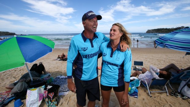 Lifeguards Nicola Atherton and Kristian Yates on Bondi Beach during filming of <i>Bondi Rescue</i>.