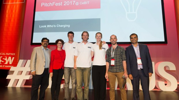 CeBIT PitchFest winners with the judges, from left: Raj Dalal, principal BigInsights and president of TiE Sydney; Maureen Murphy, commercialisation adviser, Accelerating Commercialisation; Look Who's Charging co-founders David Washbrook, Stuart Grover and Nicole Grover; James Cameron, partner at AirTree VC; and Nitin Singhi, director at TiE Sydney
