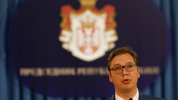 Serbia's President Aleksandar Vucic speaks during a press conference where he announced Ana Brnabic as the country's next prime minister in Belgrade on Thursday.