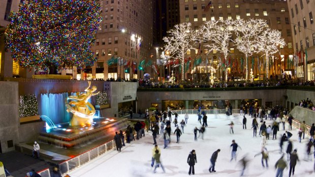 The Rockefeller Center features an ice-skating rink and giant Christmas tree in winter.