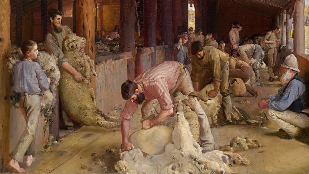 <i>Shearing the Rams</i> by Tom Roberts, painted at Brocklesby station, Corowa, NSW.