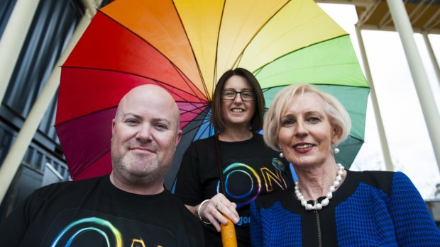 Canberra SpringOUT Pride Festival chair Mat Knobel, sponsorship manager Leanne Staggard and patron Cate McGregor at Westside Acton Park, which will host festival events.