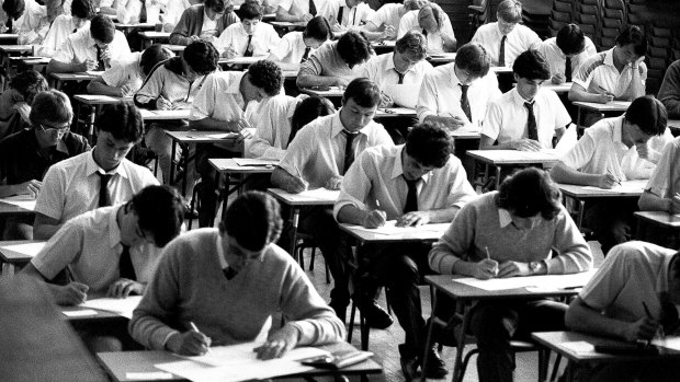 Students at Sydney Boys High School sit their HSC English exam on October 25, 1981.