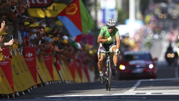 Close again: Peter Sagan gestures as he crosses the finish line in second position on the 16th stage of the Tour de France.