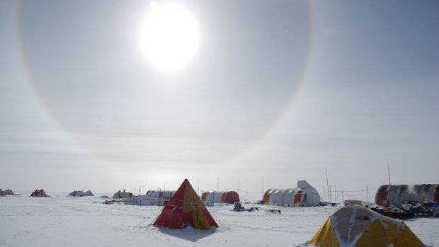 A solar halo above the Aurora Basin North campsite, 550 kilometres inland in Antarctica. 