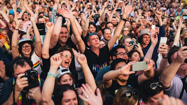 Canberrans celebrate in Braddon after the marriage equality vote result.