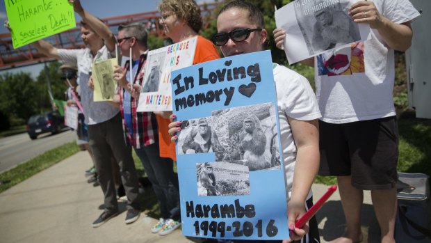 Kate Villanueva of Erlanger, Kentucky holds a sign during a vigil outside the Cincinnati Zoo.