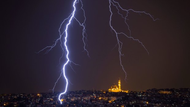 Lightning strikes over Istanbul during a thunderstorm on May 7.