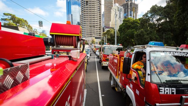 The motorcade headed to Parliament to support the CFA and Emergency Services Minister Jane Garrett.