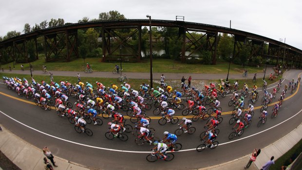 Cat's eye view: The peloton passes through the streets of Richmond during the World Road Championships.