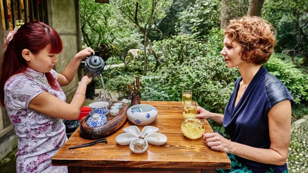 Tea ceremony in Du Fu thatched Cottage in Chengdu Sichuan, China.