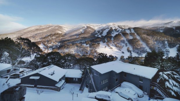 A snowfall turns Thredbo Village into a winter wonderland.