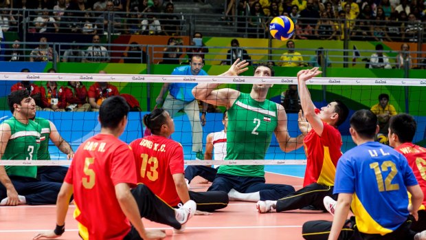 Morteza Mehrzad of Iran's Paralympics sitting volleyball team, during a match against China at the Paralympics in Rio de Janeiro.
