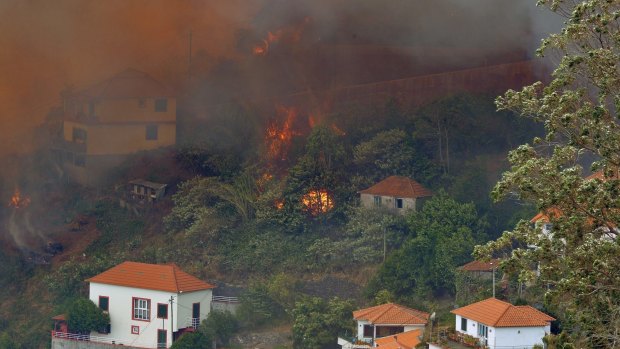 A forest fire rages near houses in Curral dos Romeiros, on the outskirts of Funchal.