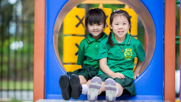 Olivia Chen and Olivia Chen, both aged five, start prep at Sunnybank Hills State School on Monday.