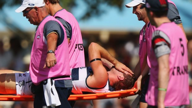 Jackson Thurlow is stretchered off on Saturday.