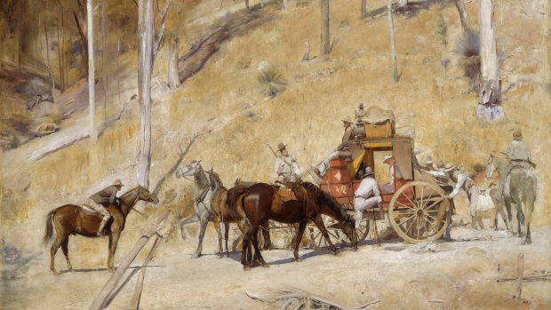 In Tom Roberts' Bailed Up the hold-up unfolds in the most laconic fashion, in a blaze of sunshine. The leader of the bandits seems to be yarning with the passenger in the coach. There is hardly an iota of drama.                          