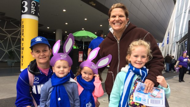 Vicki Foote (far left) with Jorja, 6, Jaida,3, Julie Doonan and Jarrah, 3. The family travelled from WA especially for the Good Friday game.