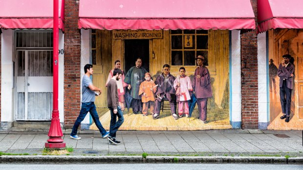 A mural on East Pender Street, in Chinatown, Vancouver, depicting a Chinese laundry in 1884.