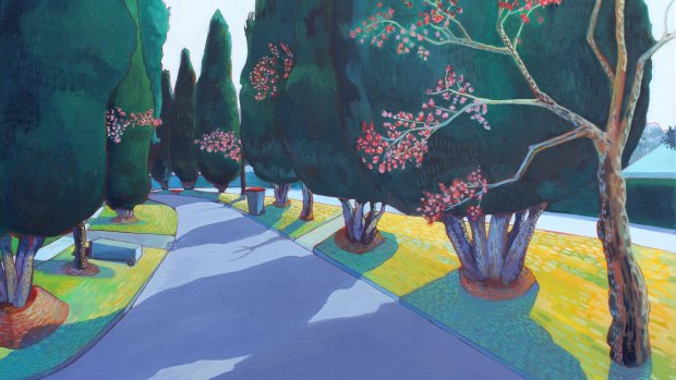 A detail of Thea Katauskas's <i>Spring Pine and Cherry Blossom, </i>, Oil on canvas, 76x61cm.