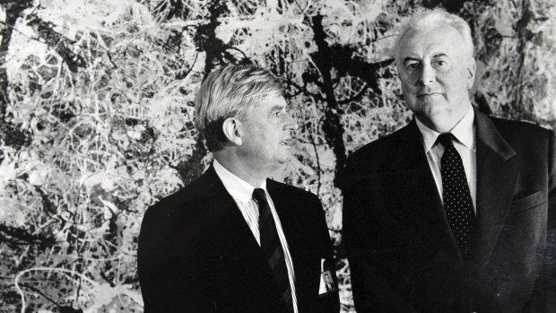 Former prime minister Gough Whitlam and Director of the Australian National Gallery James Mollison in front of Blue Poles in 1973.