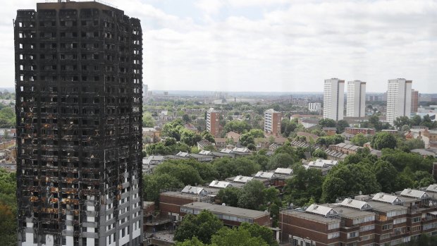 The burnt-out shell of the Grenfell Tower apartment building in London.