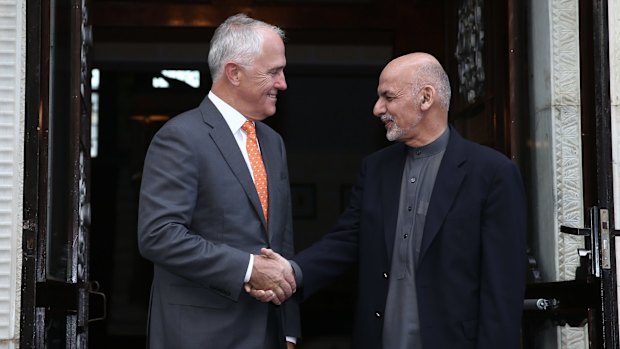 Prime Minister Malcolm Turnbull is greeted by the President of Afghanistan,  Ashraf Ghani.