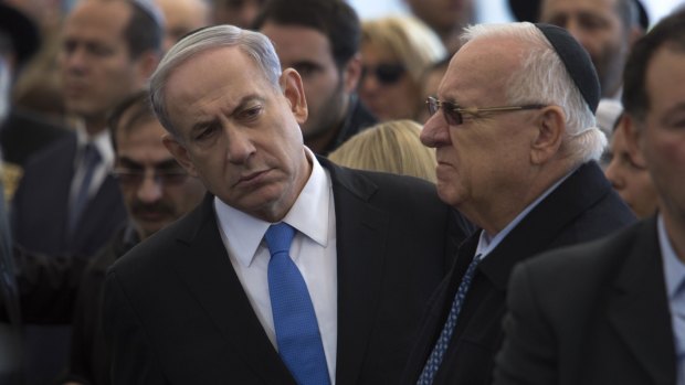 Israeli Prime Minister Benjamin Netanyahu attends the funeral service in Jerusalem of the four Jews killed in an Islamist attack on a Kosher supermarket in Paris last week.