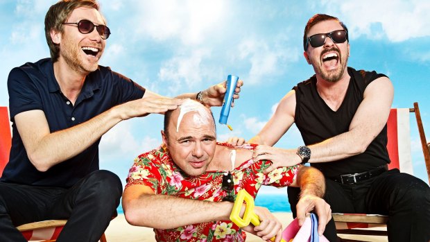 Karl Pilkington, centre, suffers yet another indignity at the hands of Stephen Merchant and Ricky Gervais in 