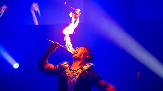 Fire eater Brendan Mon Tanner brought colour and light to the launch of the 2014 Ekka.