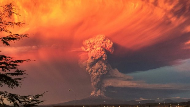 Smoke and ash rise from the Calbuco volcano as seen from the city of Puerto Montt on April 22.