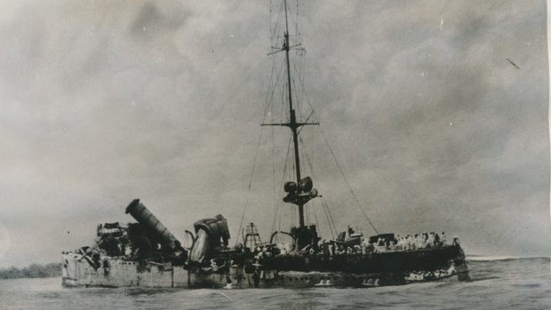 A broadside view of the wrecked German raider Emden after her encounter with HMAS Sydney near Cocos Island. 