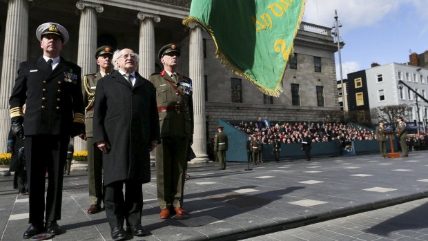 Irish President Michael Higgins outside Dublin's General Post Office, commemorating the Easter 1916 Rising. 