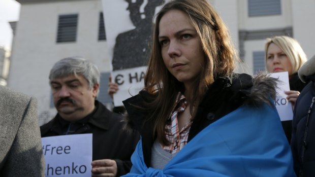 Vera Savchenko, the sister of Nadezhda Savchenko, stands at a protest rally outside the Russian Embassy in Kiev, Ukraine.