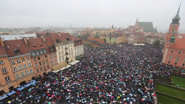 A sea of umbrellas on Black Monday in downtown Castle Square, Warsaw. 90 per cent of strikers were from cities of populations of less than 50,000. 