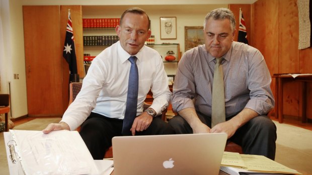 Prime Minister Tony Abbott and Treasurer Joe Hockey during a staged pre-budget photo opportunity in Canberra last week.