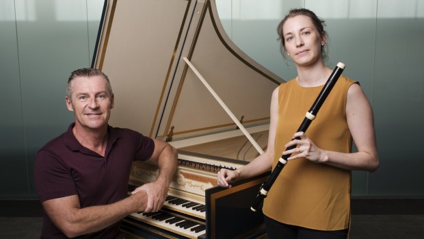 Family ties: Paul Dyer with flute and recorder player Mikeala Oberg. Oberg has played with the Brandenburg since 2005. Her father, Howard, was the orchestra’s original flute and recorder player. 
