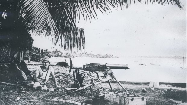 NOT PACIFIC: A German sailor from the Emden establishes a machine gun position on the Cocos Islands. 