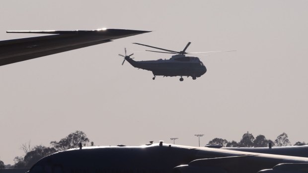 Marine One flies Barack Obama out of RAAF Base Amberley.