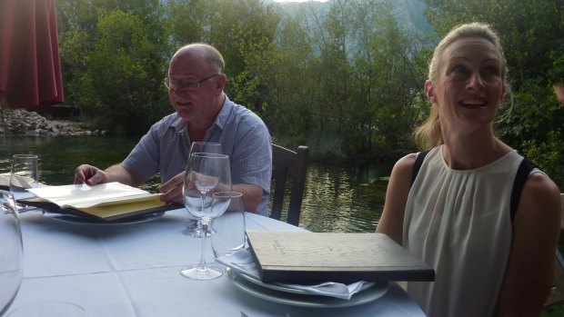 Ross and his partner Sarah Fallshaw doing what they do best on a recent overseas holiday: Sarah engaging with locals, Ross engaging with the wine list.