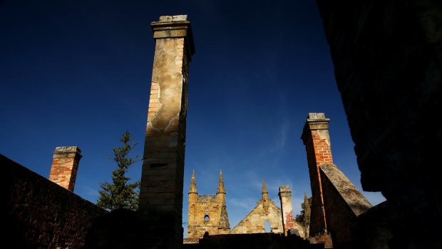 A church at the Port Arthur historical site seen from within the government cottage.